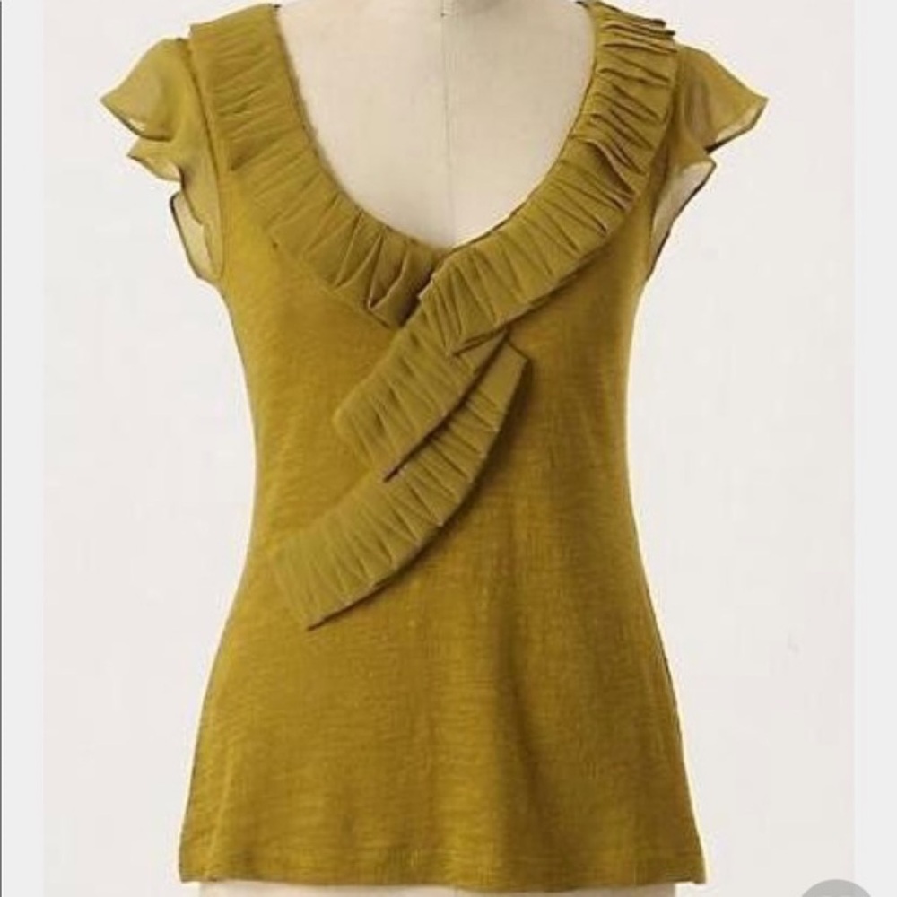 Anthropologie Deletta Ruffle Front Trickle Down Blouse Chartreuse Draped Top Med